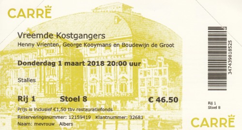 Vreemde Kostgangers show ticket March 01 2018 Amsterdam - Carré